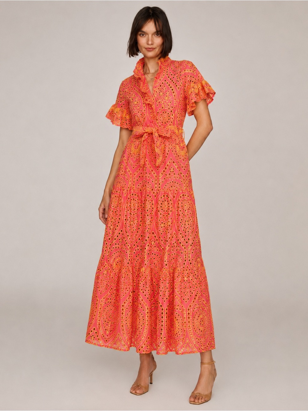 NWT Abbey Glass Sadie Maxi Dress Coral and Yellow Eyelet Sz S